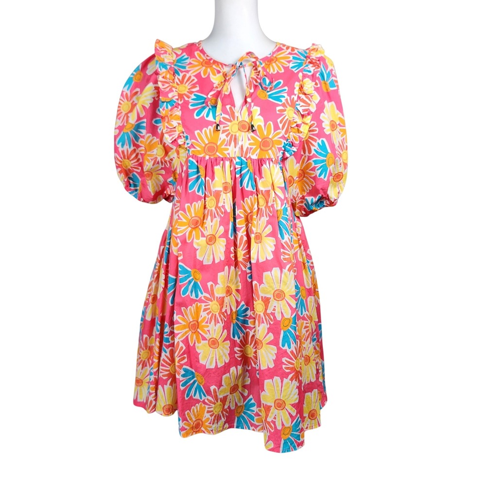 Entro Puff Sleeve Babydoll Mini Dress Womens M Pink Flower Ruffle Casual Boho